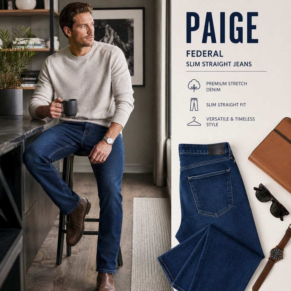 PAIGE Federal Slim Straight Jeans Men’s‎ 35x33 Dark Wash Stretch Denim Blue